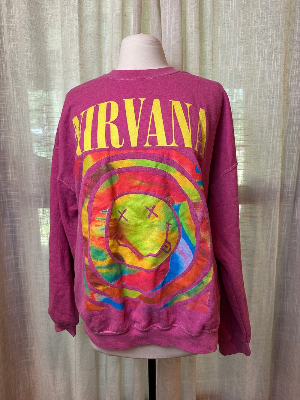 Nirvana Rainbow Smiley Graphic Sweatshirt Pink Oversized S/M Grunge